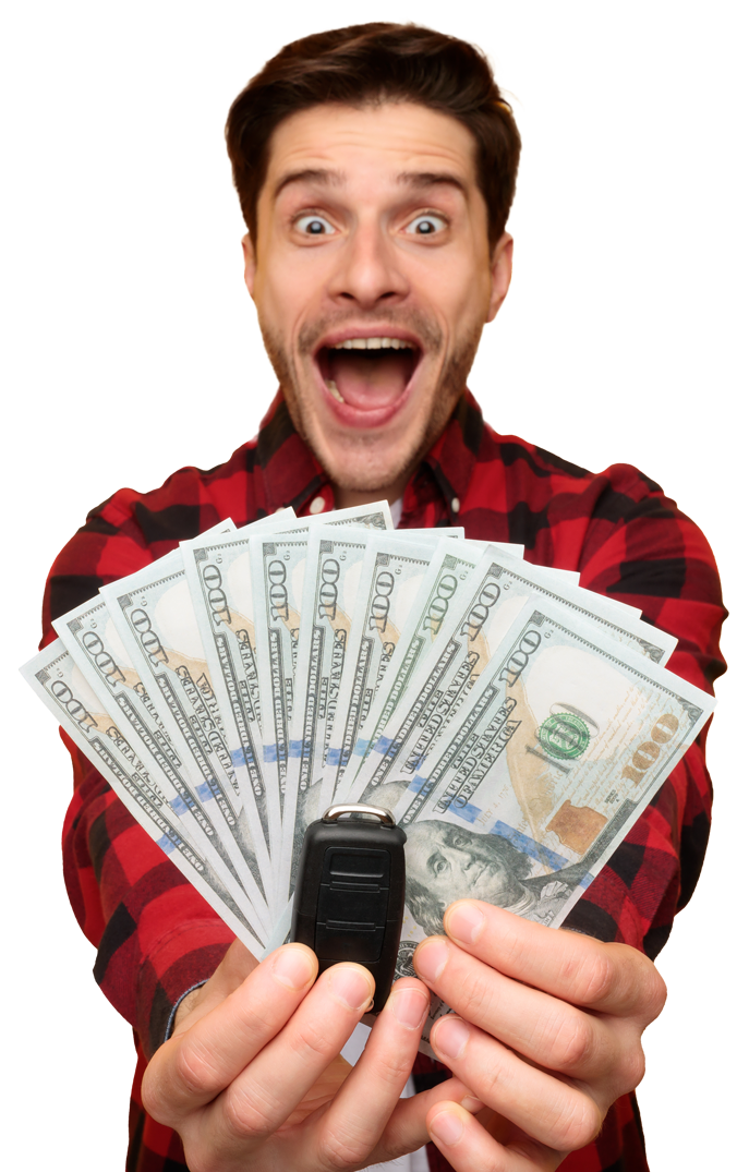 Excited man holding money and a keyfob.